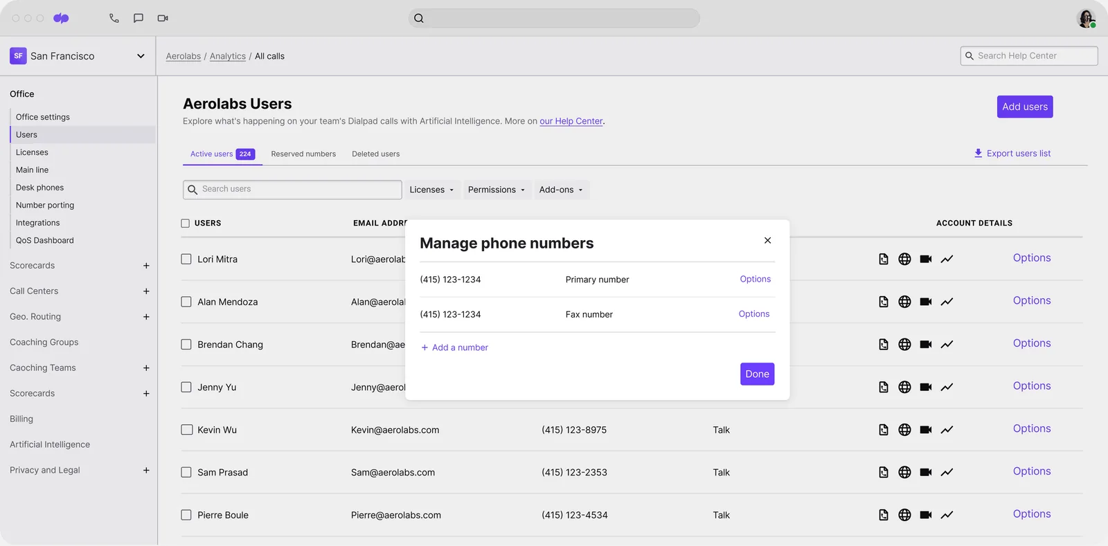 Dialpad admin: users and phone numbers