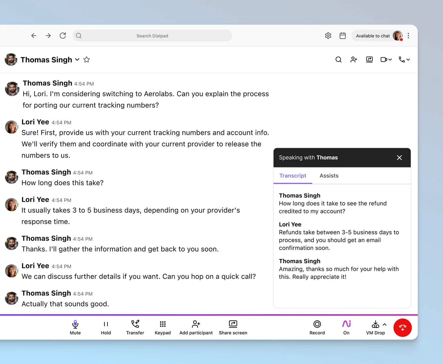 Dialpad Ai: a live transcript and suggestions during the call