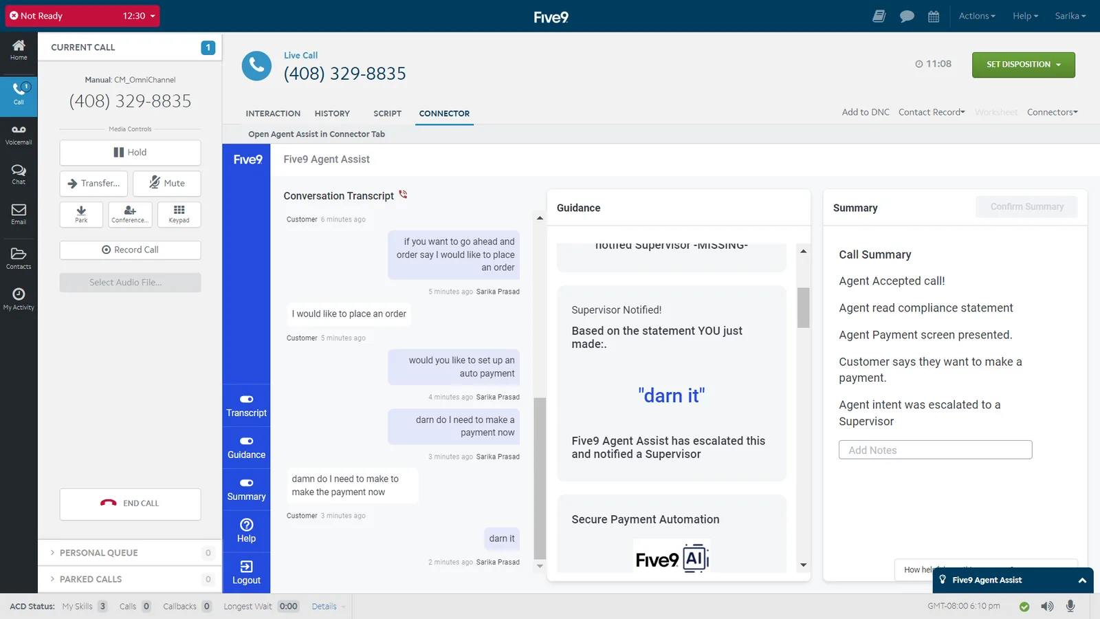 Five9 AI: live transcript and agent assist