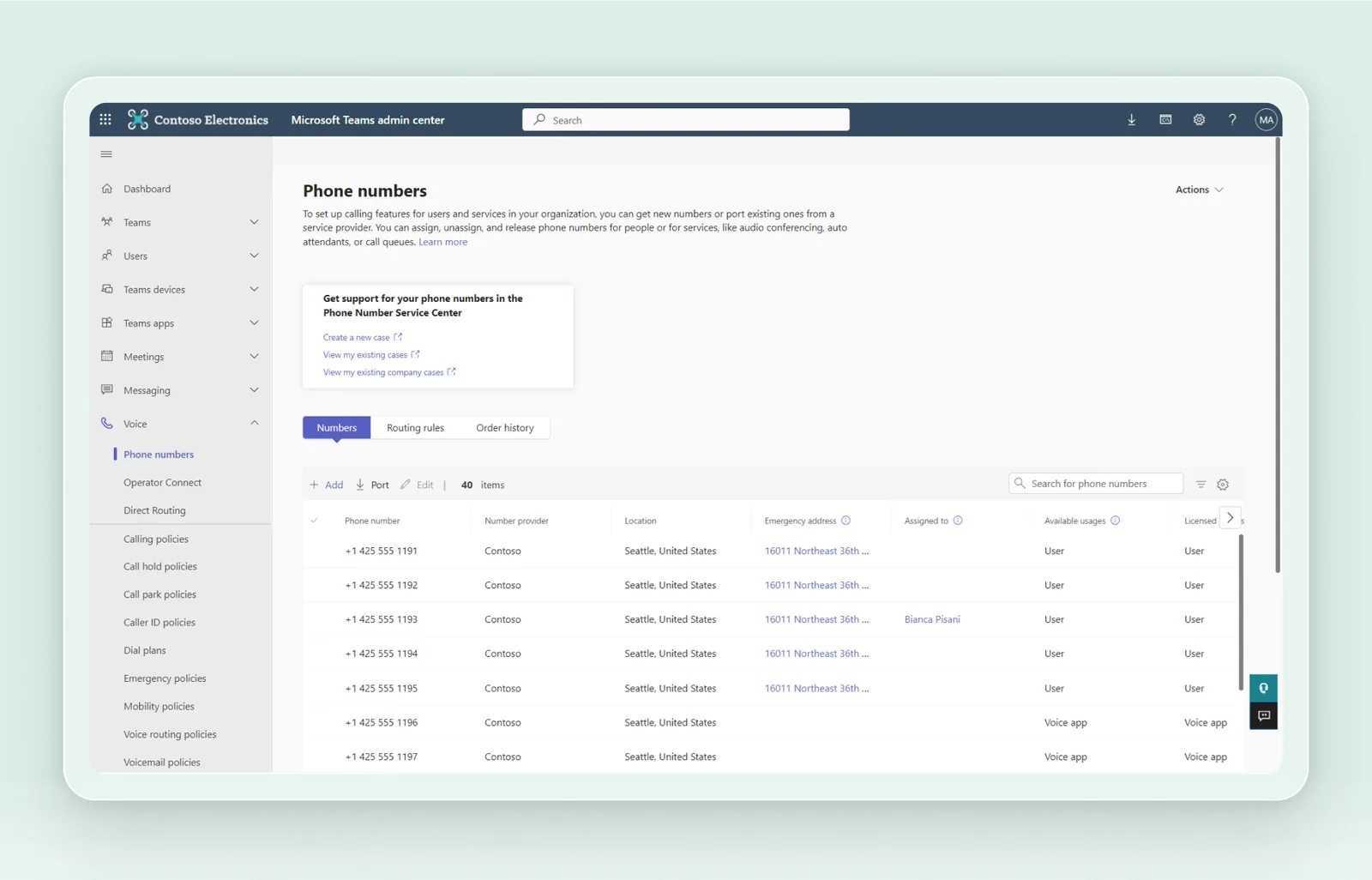 Teams admin center: phone numbers