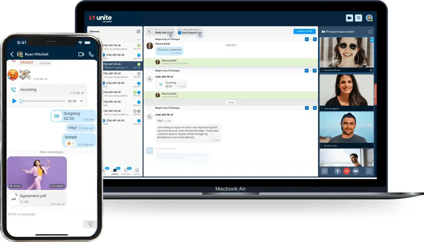 net2phone Unite on a laptop and a phone