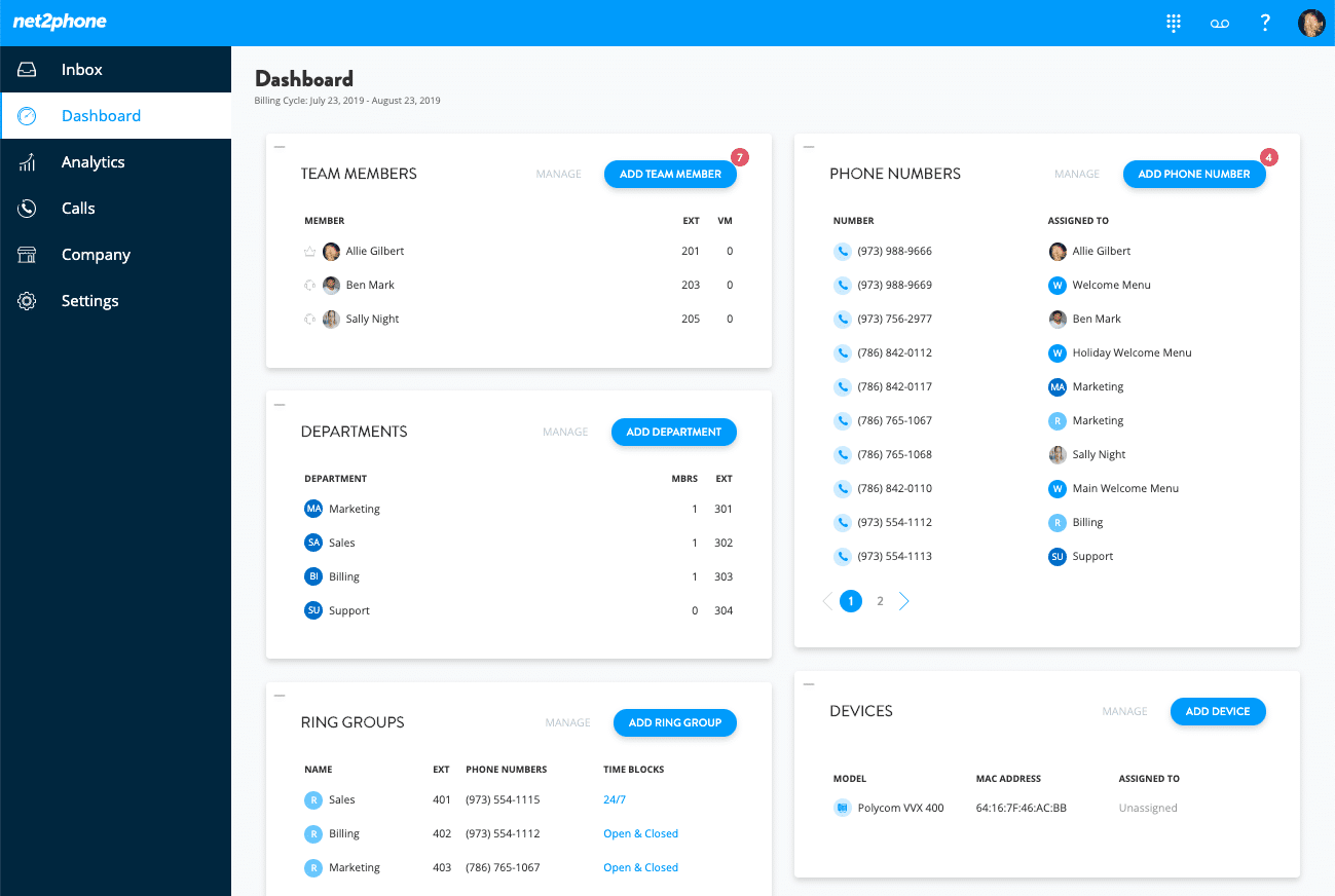 The net2phone dashboard