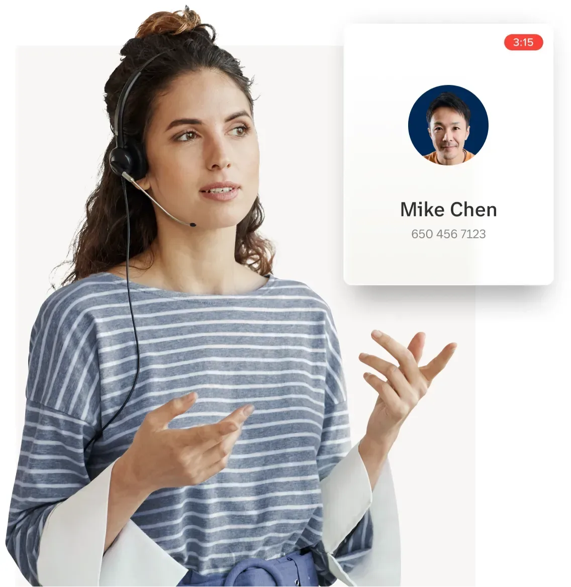 Agent in a headset with an incoming caller card