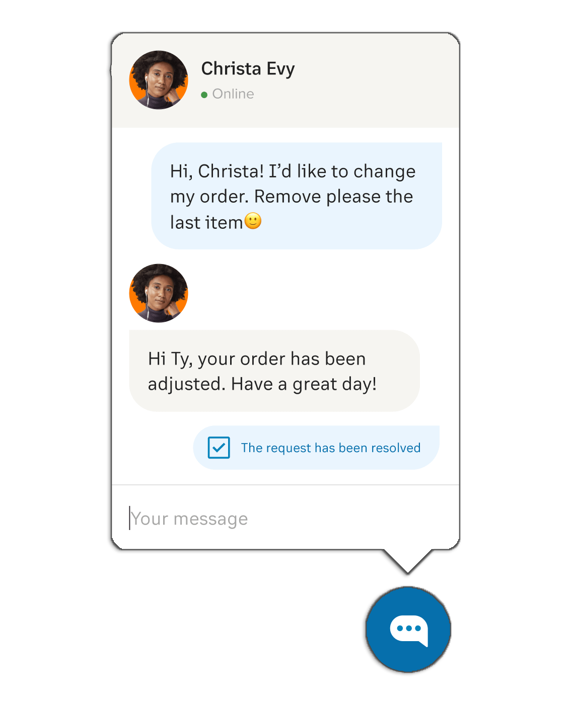 Customer message about changing an order