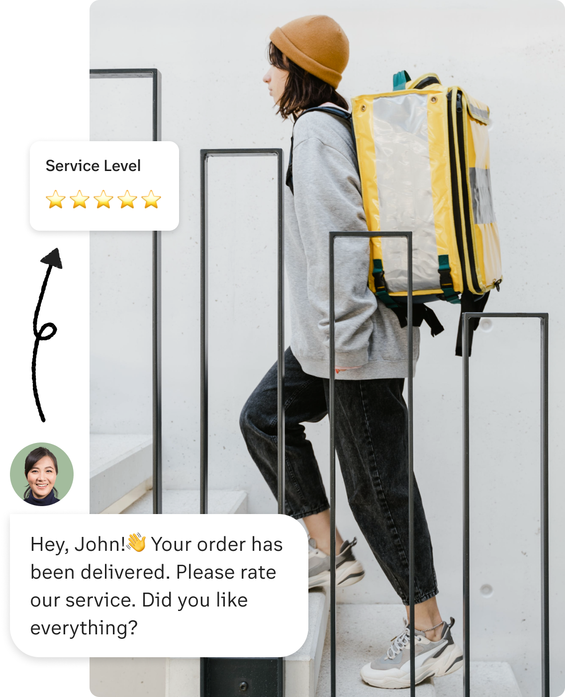 Delivery driver with a review message